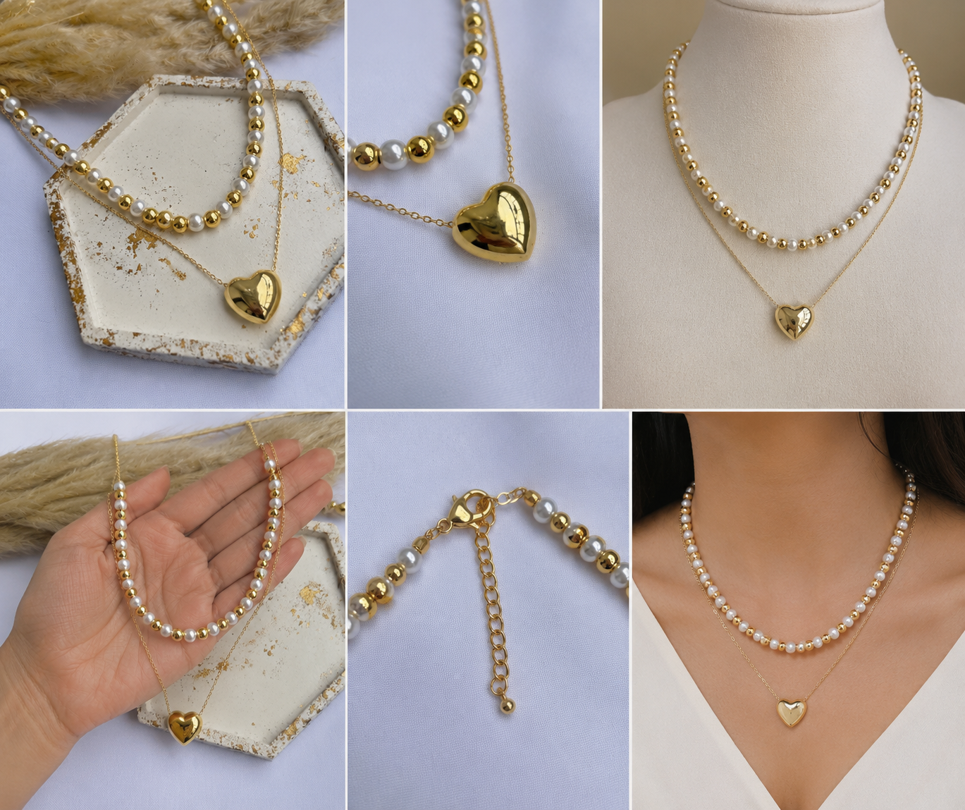Collar Doble de Perlas y Dije Corazón – Baño en Rodio | Elegante y Ajustable