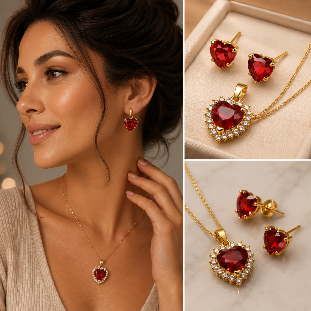 Set Corazones Cubic Zirconia — Dije + Aretes