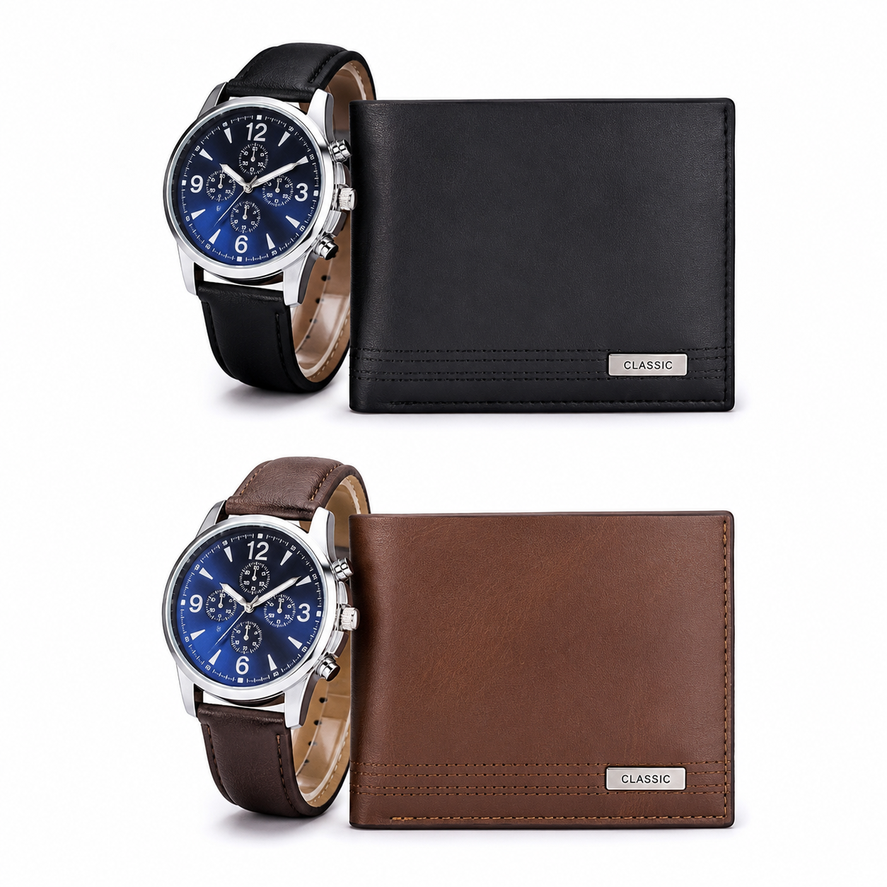 Set X2 – billetera negra y café con reloj esfera azul