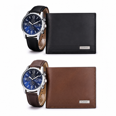 Set X2 – billetera negra y café con reloj esfera azul