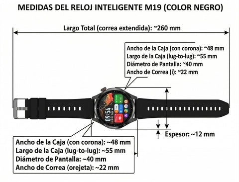 Smart Watch M19 Negro – medidas y especificaciones