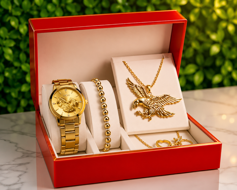 Set Hombre X 3 – Reloj dorado dragón, esclava y collar águila en caja roja