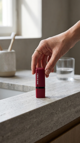 Labial Matte Iman Of Noble - lifestyle mano sosteniendo sobre mármol