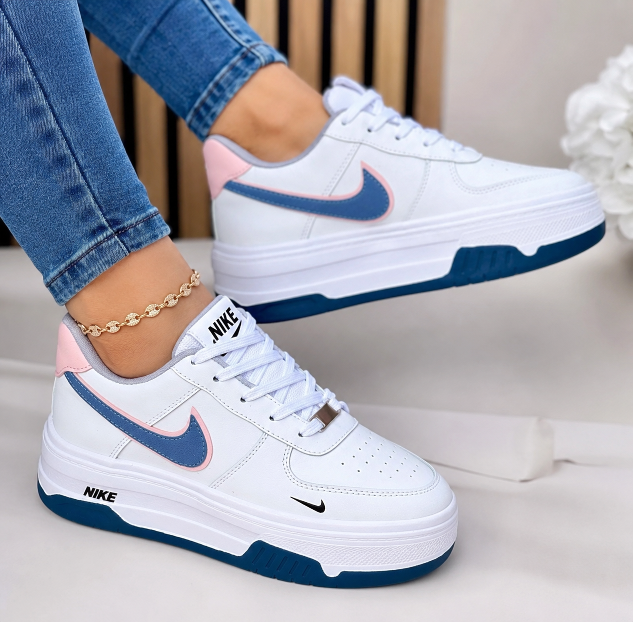 Tenis Nike II Suela Alta Blanco Azul – Dama